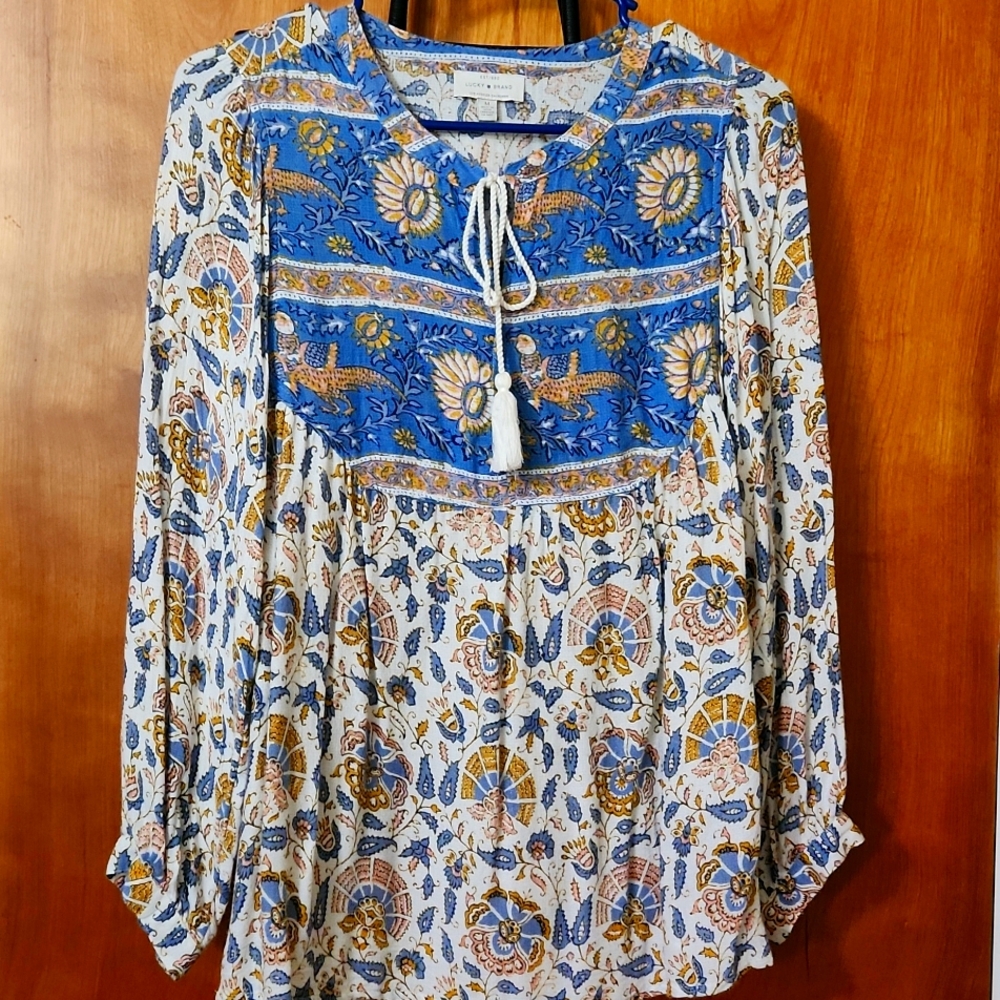 Lucky Brand Boho Hippie Top/ Indian Print Blouse with Tassels/ Boho MEDIUM